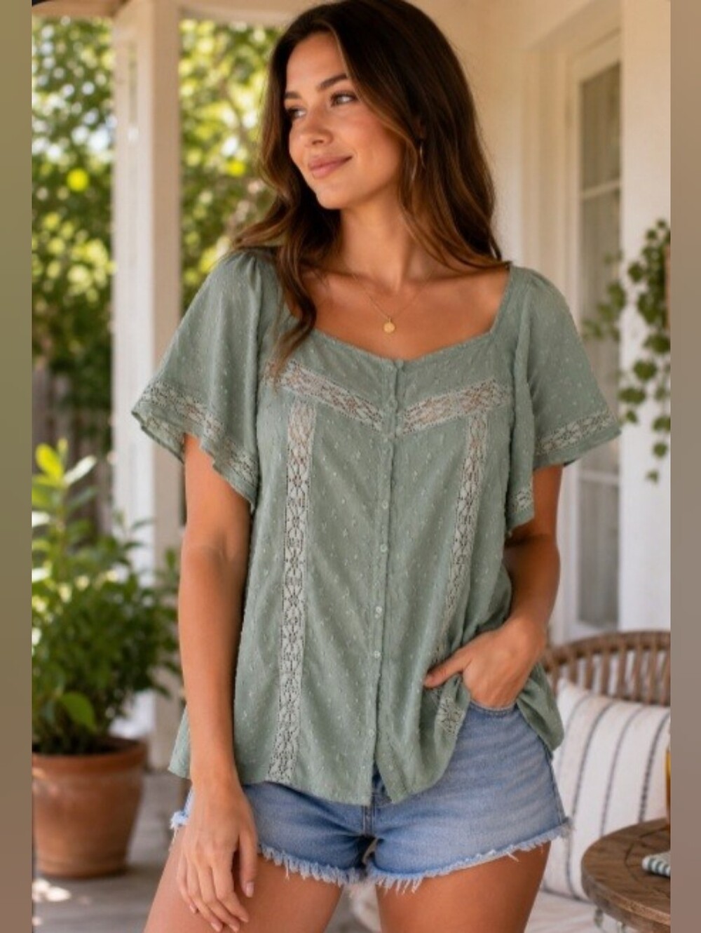 LAST CHANCE!! Old Navy Sage Green Button Down Flutter Sleeve Blouse Medium
